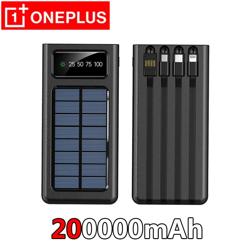 OnePlus Solar Power Bank 200000mAh Super Fast Charging Ultra Capacity USB 4 Cables LED Light Outdoor External Battery For iPhone