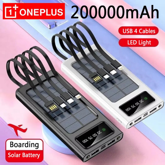 OnePlus Solar Power Bank 200000mAh Super Fast Charging Ultra Capacity USB 4 Cables LED Light Outdoor External Battery For iPhone