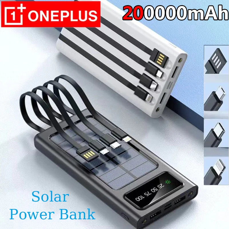 OnePlus Solar Power Bank 200000mAh Super Fast Charging Ultra Capacity USB 4 Cables LED Light Outdoor External Battery For iPhone